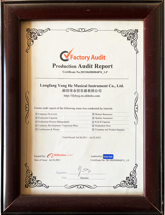 Certification document for percussion instruments