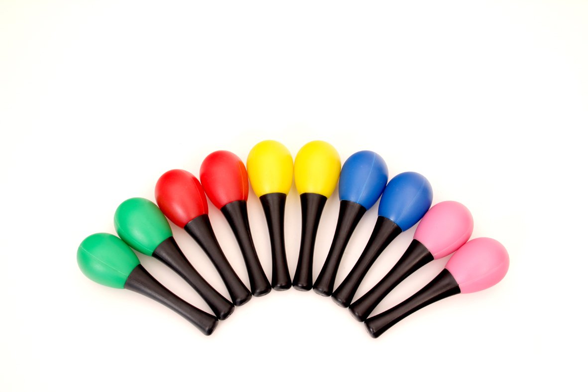 M011-1 red yellow and blue plastic maracas pair