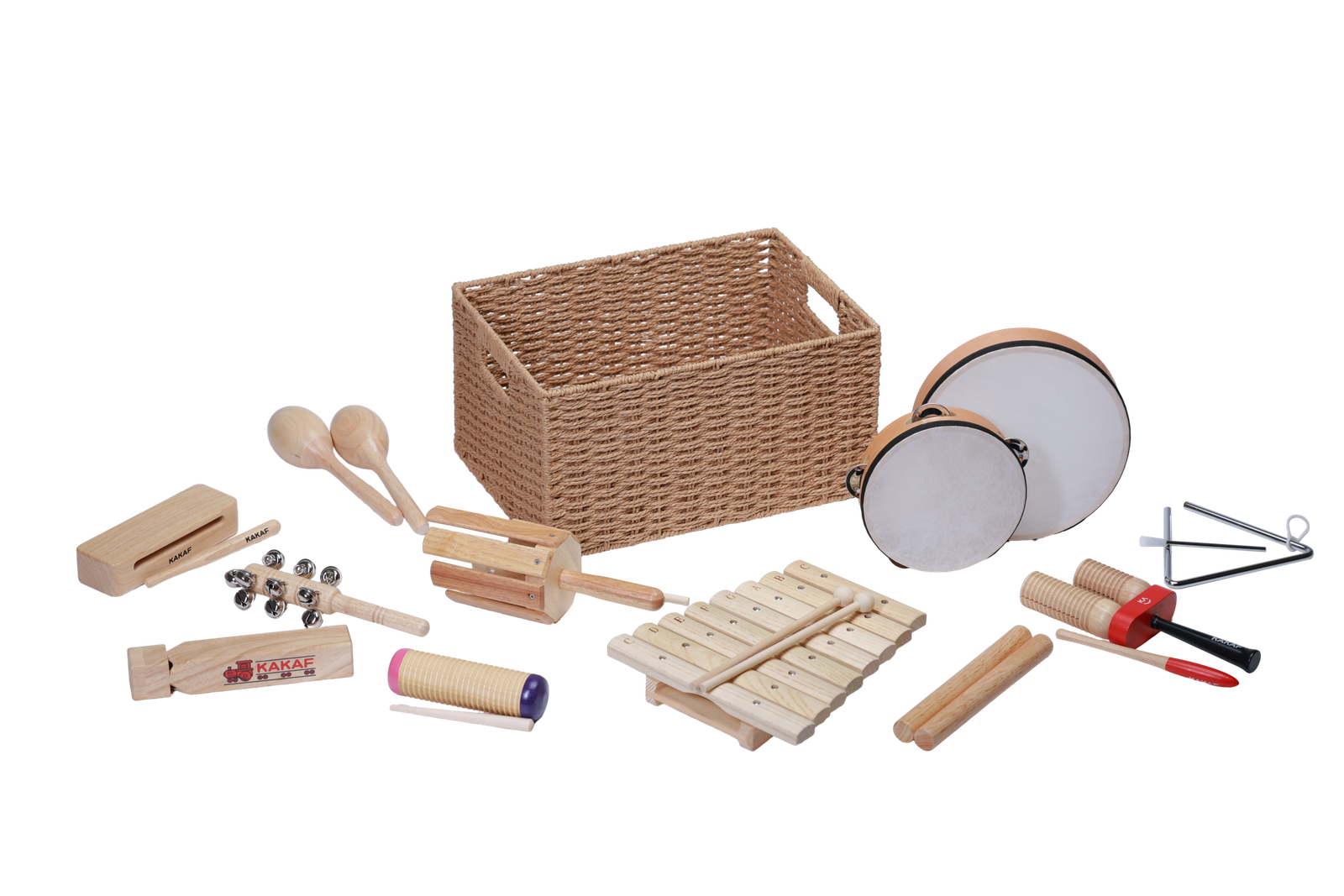 P008-3 12-piece basket set with wood and metal rhythm instruments