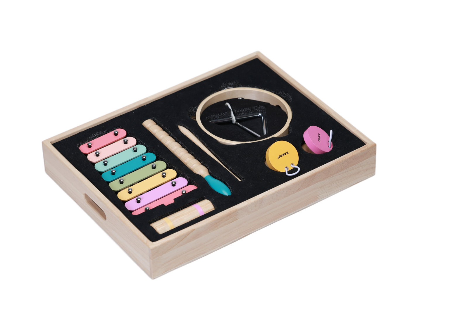 P024-2 wooden tray instrument set with wood and metal rhythm items