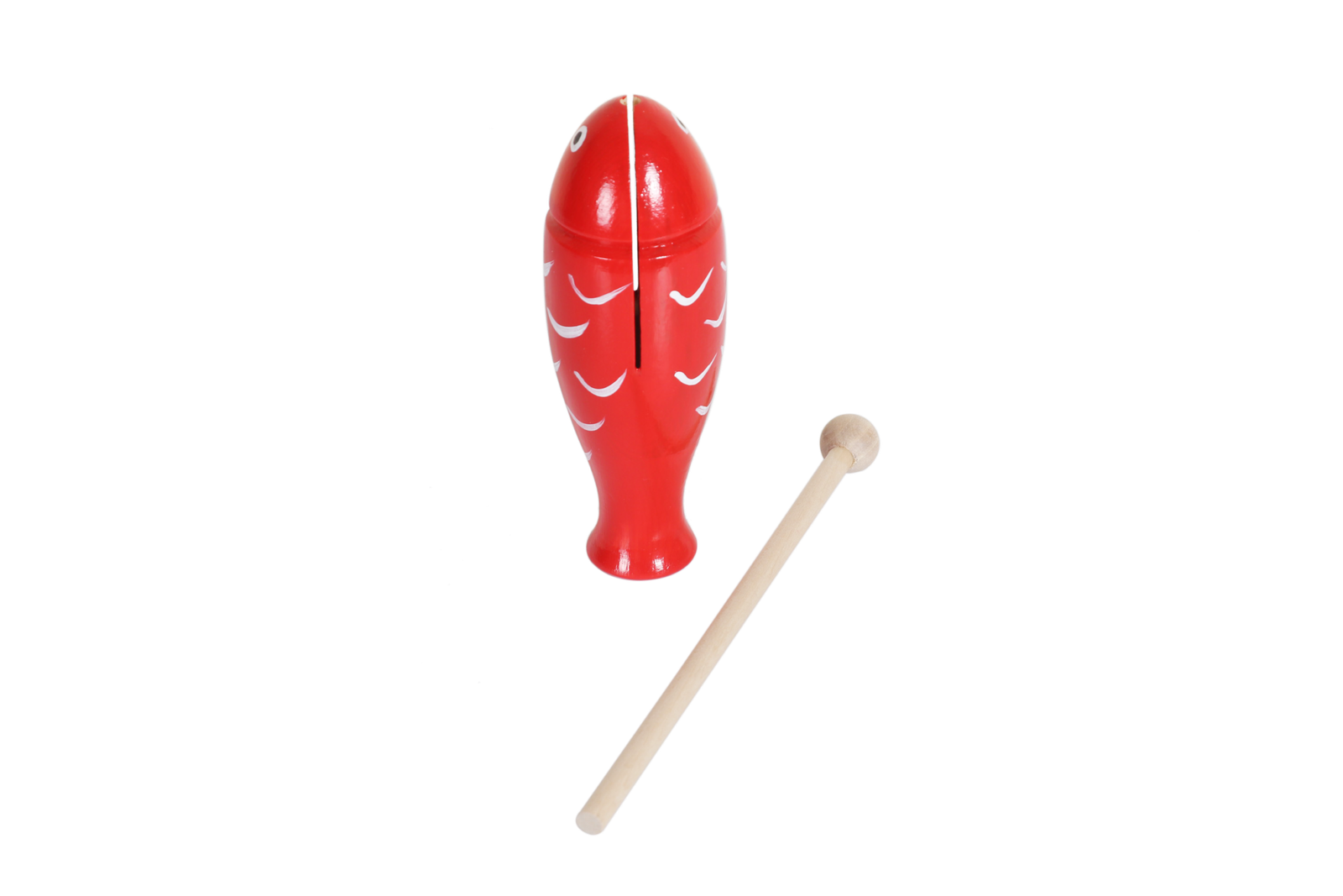 S009-2 red fish-shaped wood tone block with stick